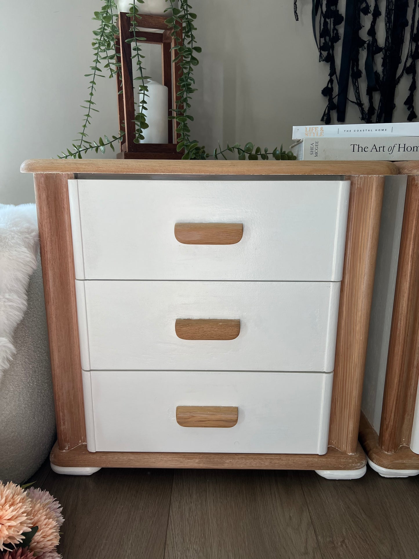 Stylish 3-Drawer Bedside Tables with Wood Top & Sculptural Curved Corners