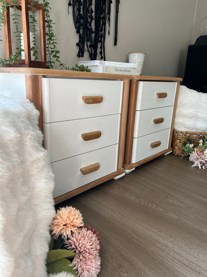 Stylish 3-Drawer Bedside Tables with Wood Top & Sculptural Curved Corners