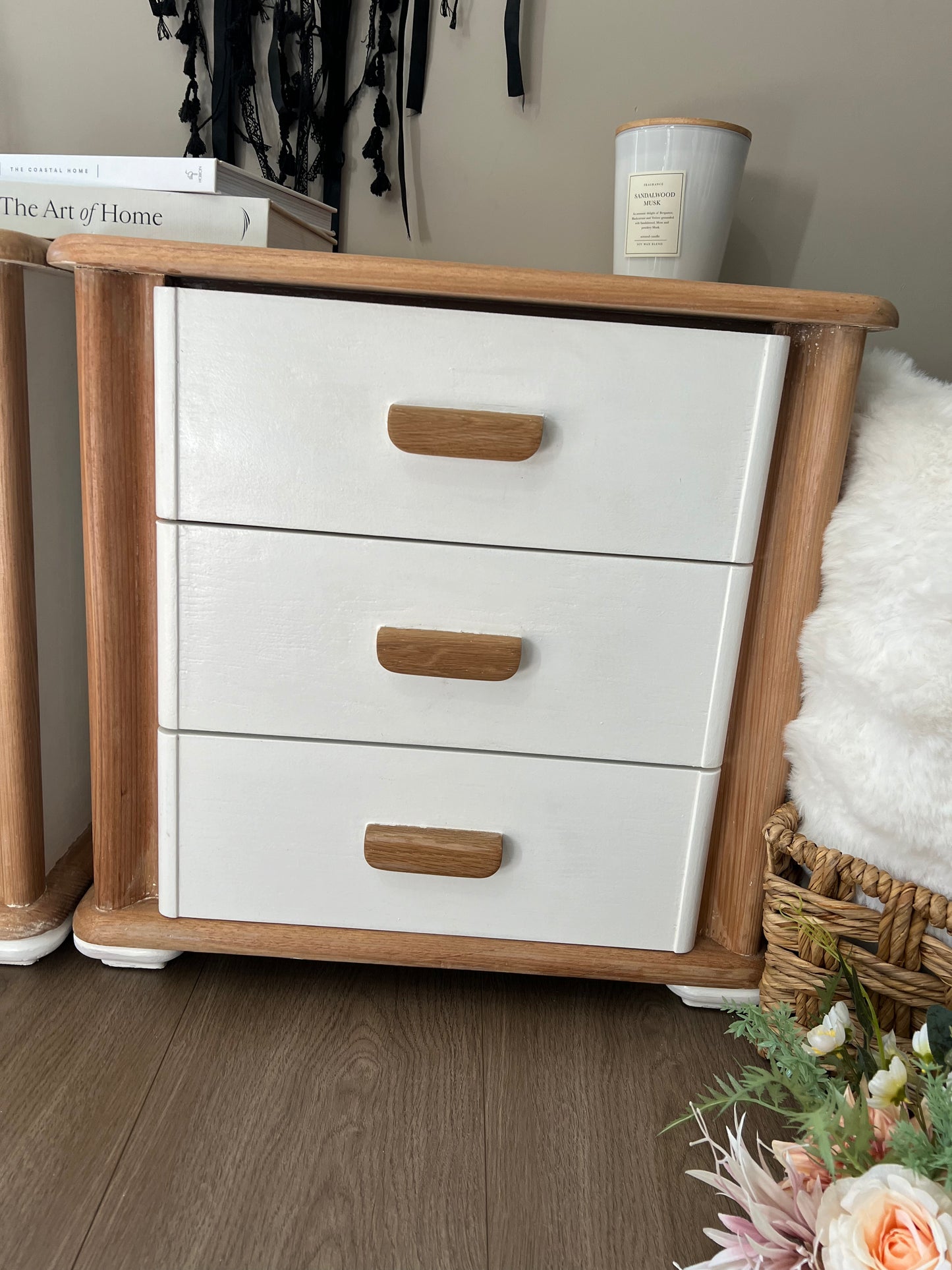 Stylish 3-Drawer Bedside Tables with Wood Top & Sculptural Curved Corners