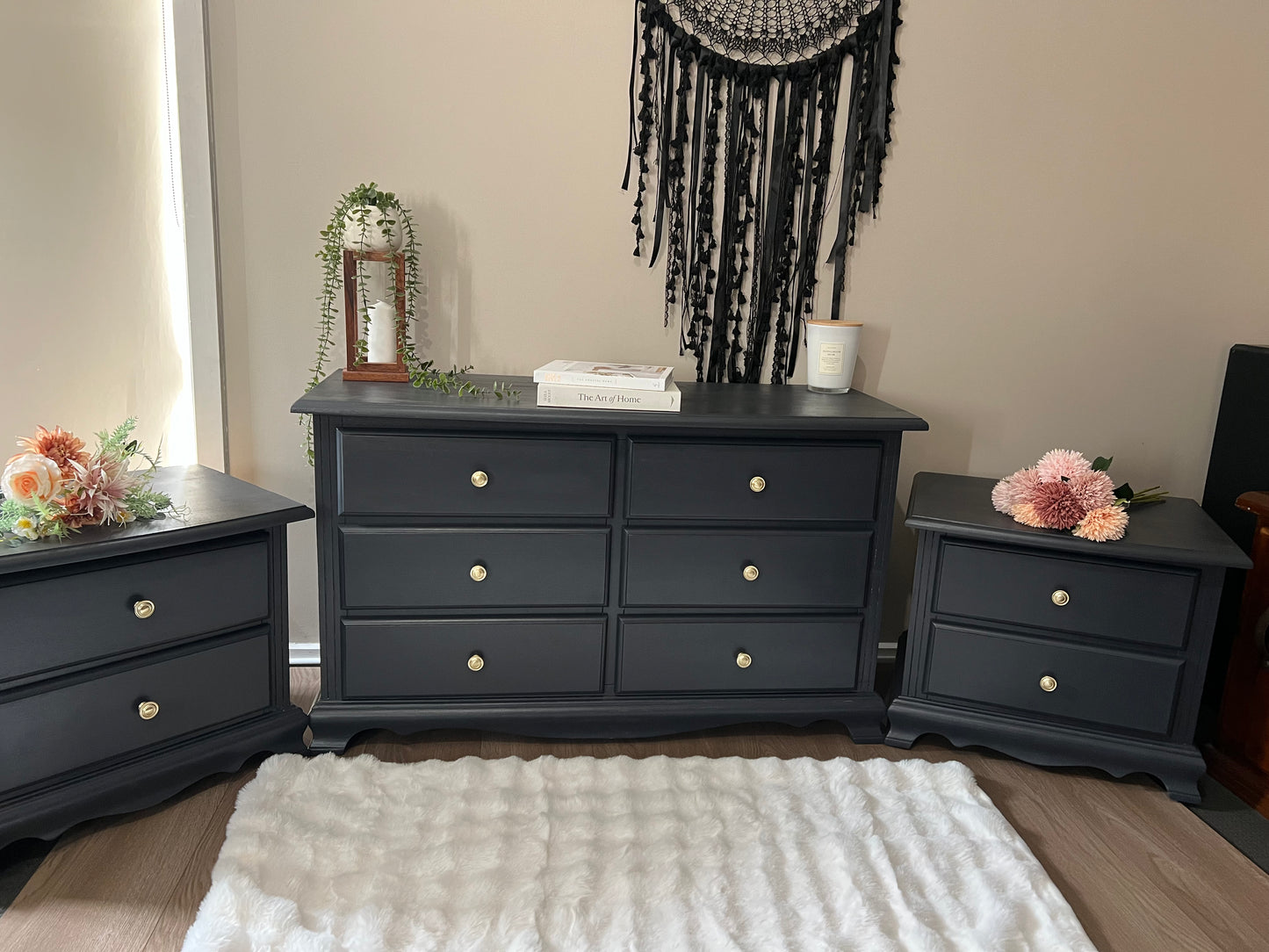 Charcoal Black Bedside Tables with Brass Knobs and Vintage Styling