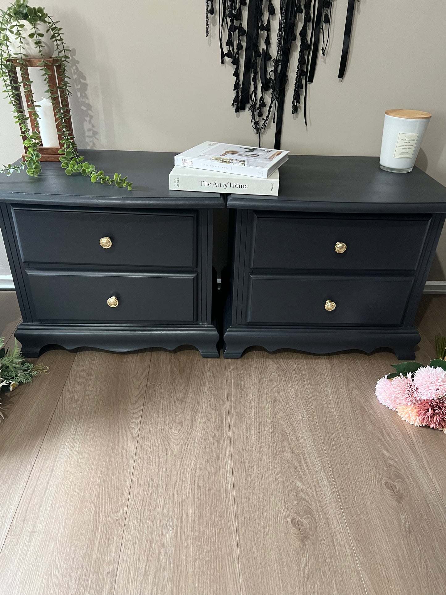 Charcoal Black Bedside Tables with Brass Knobs and Vintage Styling