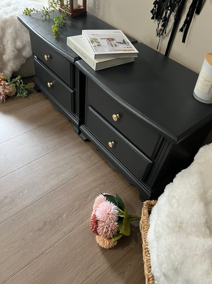 Charcoal Black Bedside Tables with Brass Knobs and Vintage Styling