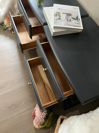 Charcoal Black Bedside Tables with Brass Knobs and Vintage Styling