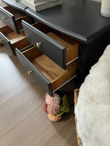 Charcoal Black Bedside Tables with Brass Knobs and Vintage Styling
